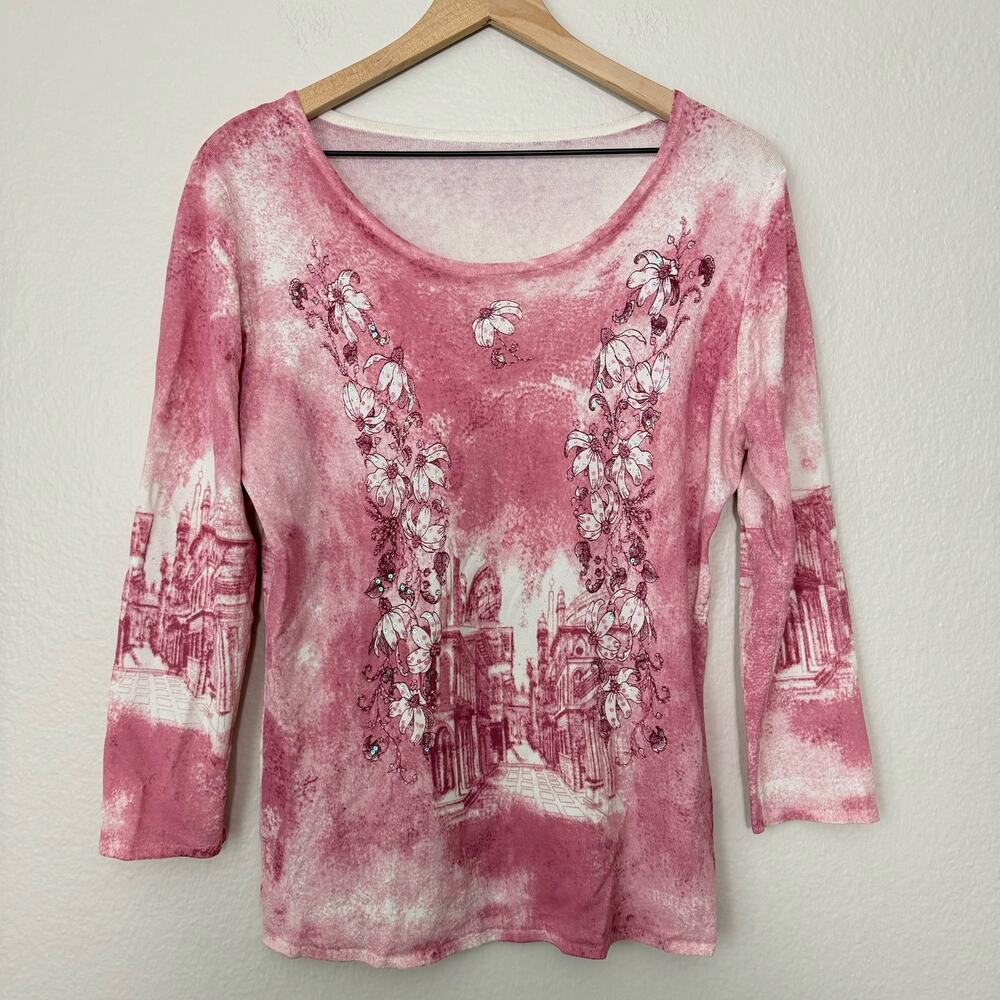 Vintage Y2K Womens Pink Bedazzled Burnout Blouse Scoop Neck 3/4 Sleeve Size S/M